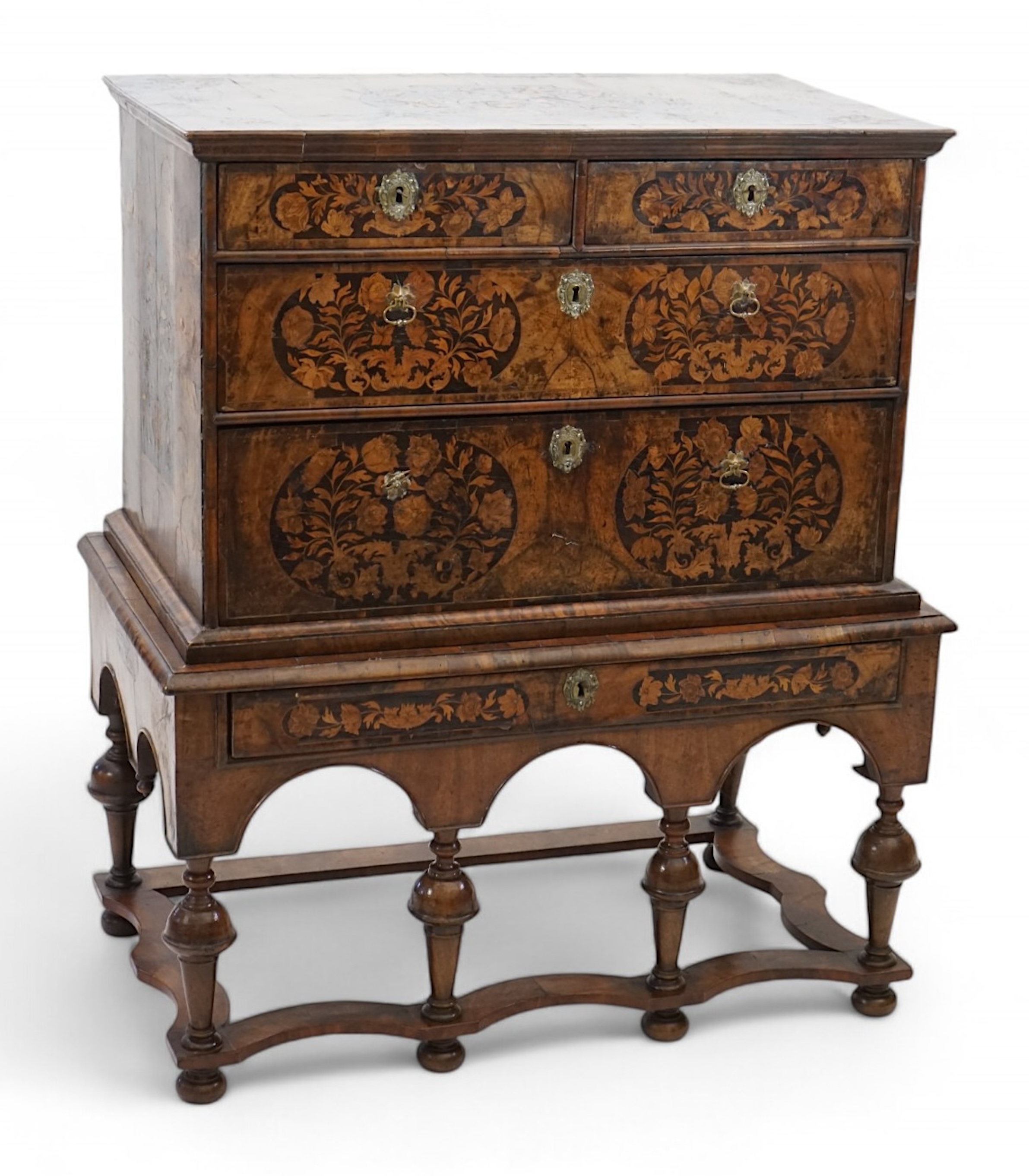 A William and Mary walnut and marquetry chest on stand